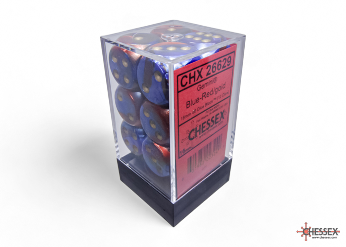 Gemini Blue-Red/gold 16mm d6 Dice Block (12 dice) - CHX26629